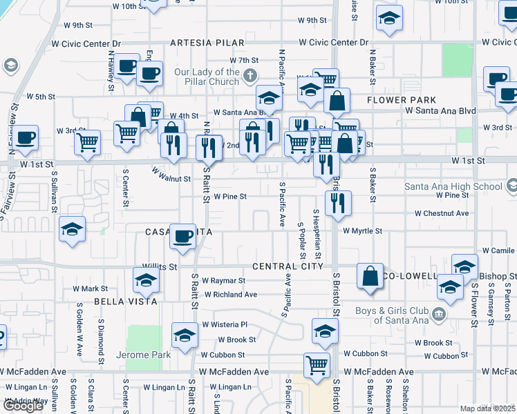 map of restaurants, bars, coffee shops, grocery stores, and more near 406 South Spruce Street in Santa Ana