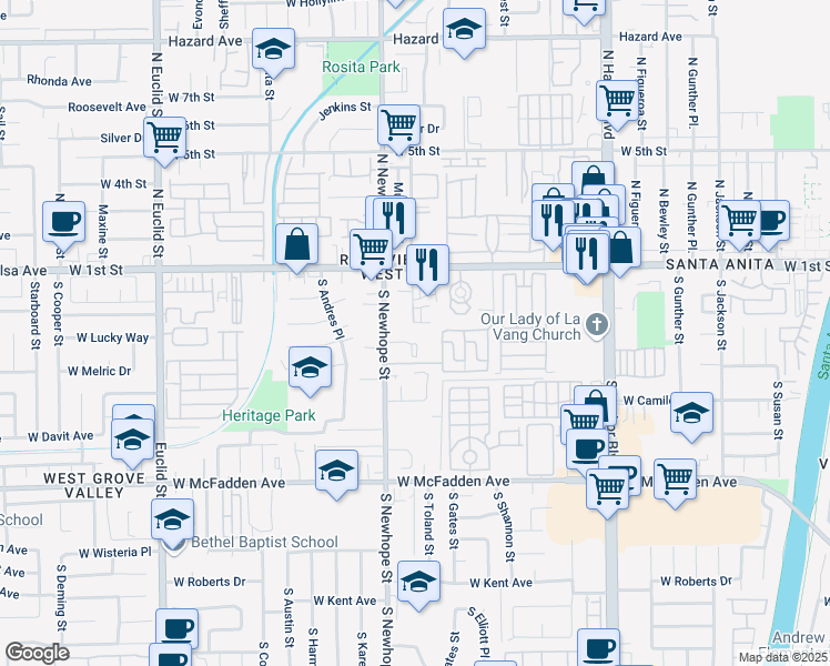 map of restaurants, bars, coffee shops, grocery stores, and more near 315 South Newhope Street in Santa Ana