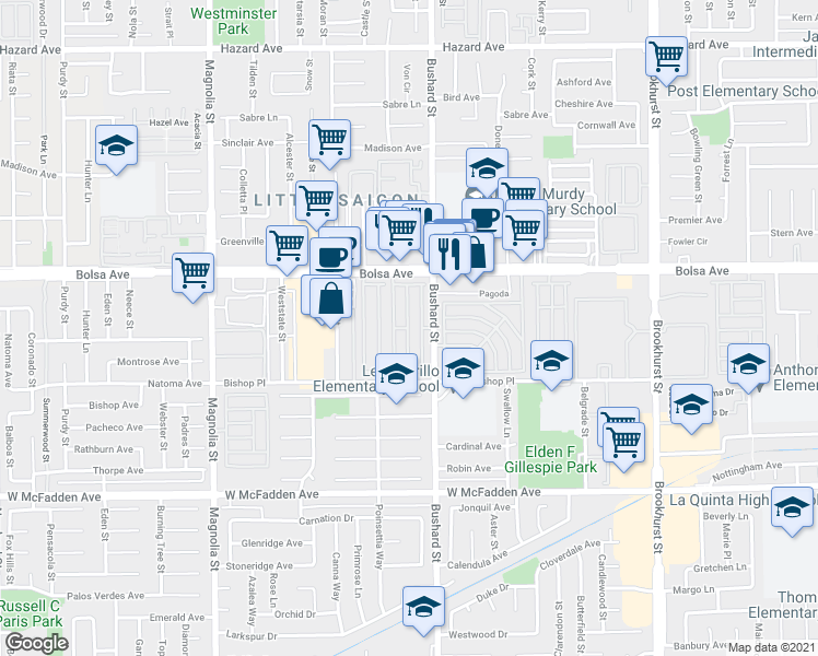 map of restaurants, bars, coffee shops, grocery stores, and more near 15111 Bushard Street in Westminster