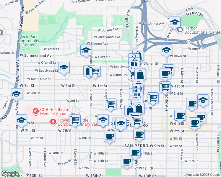 map of restaurants, bars, coffee shops, grocery stores, and more near 867 West 1st Street in San Pedro