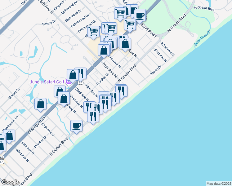 map of restaurants, bars, coffee shops, grocery stores, and more near 201 75th Avenue North in Myrtle Beach