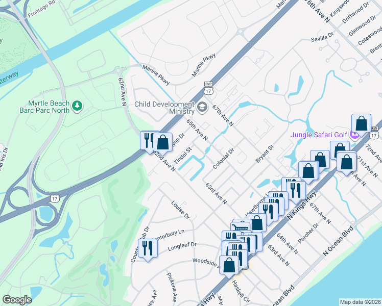 map of restaurants, bars, coffee shops, grocery stores, and more near 6209 Sancindy Lane in Myrtle Beach
