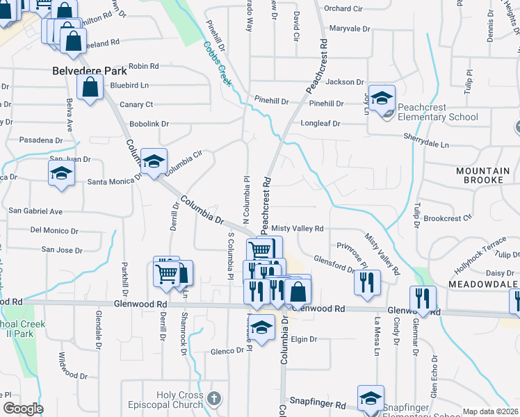 map of restaurants, bars, coffee shops, grocery stores, and more near 1709 Peachcrest Road in Decatur