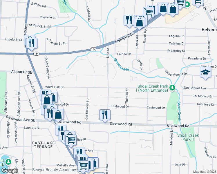 map of restaurants, bars, coffee shops, grocery stores, and more near 1705 Line Street in Decatur