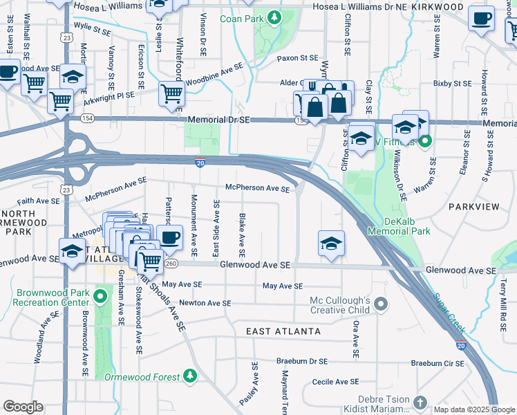 map of restaurants, bars, coffee shops, grocery stores, and more near 1539 Marbut Avenue Southeast in Atlanta
