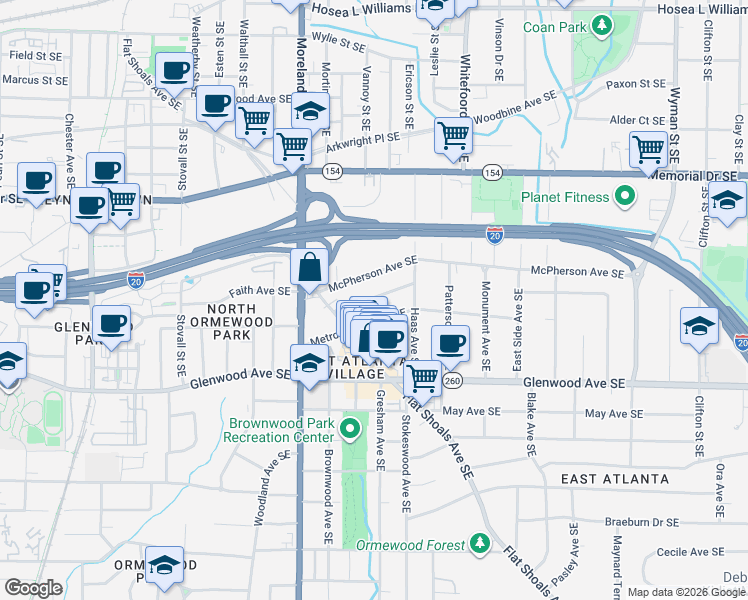 map of restaurants, bars, coffee shops, grocery stores, and more near 1260 Metropolitan Avenue Southeast in Atlanta