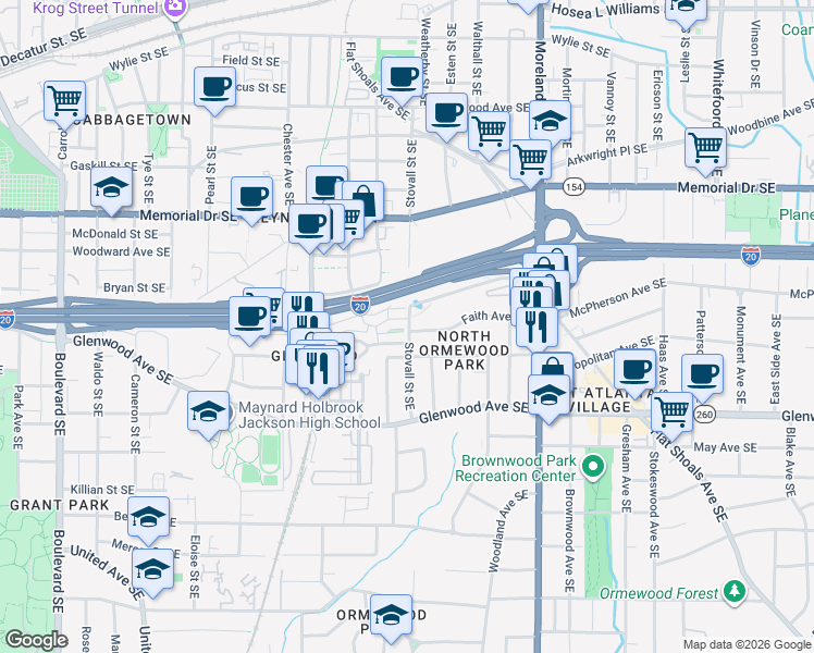 map of restaurants, bars, coffee shops, grocery stores, and more near 1023 Faith Avenue Southeast in Atlanta