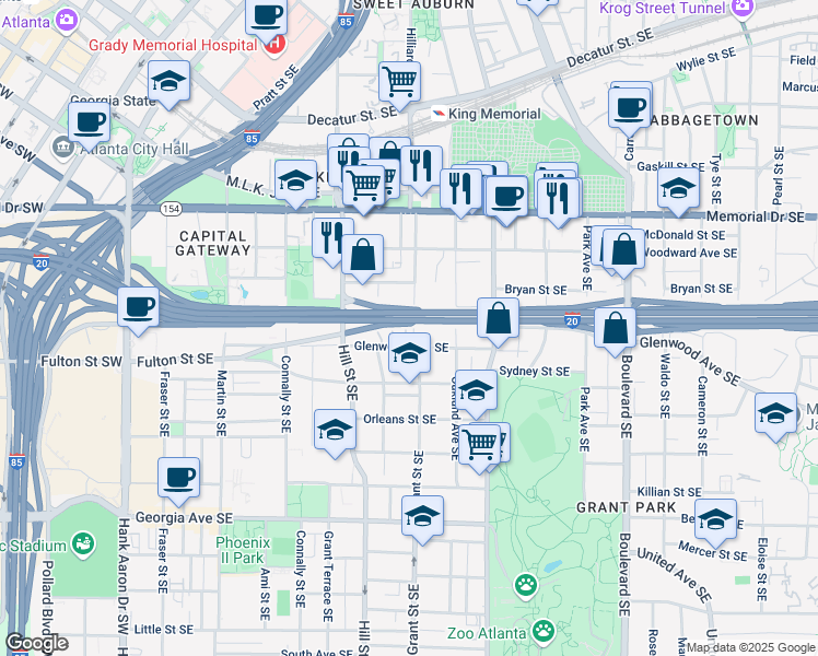map of restaurants, bars, coffee shops, grocery stores, and more near 429 Grant Street Southeast in Atlanta
