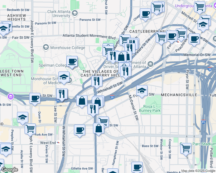 map of restaurants, bars, coffee shops, grocery stores, and more near 578 Whitehall Street Southwest in Atlanta