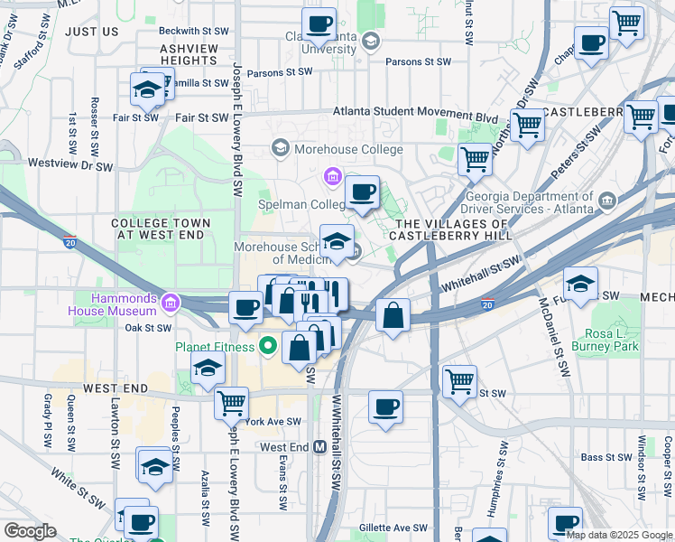 map of restaurants, bars, coffee shops, grocery stores, and more near 751 Park Street Southwest in Atlanta