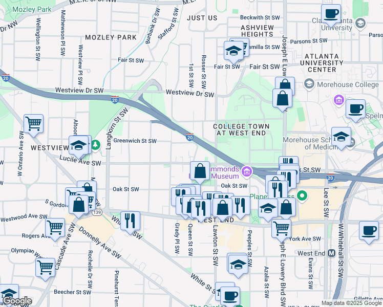 map of restaurants, bars, coffee shops, grocery stores, and more near 1165 Lucile Avenue Southwest in Atlanta