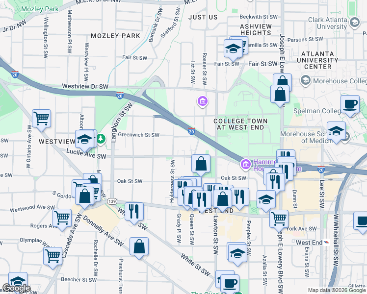 map of restaurants, bars, coffee shops, grocery stores, and more near 1165 Lucile Avenue Southwest in Atlanta