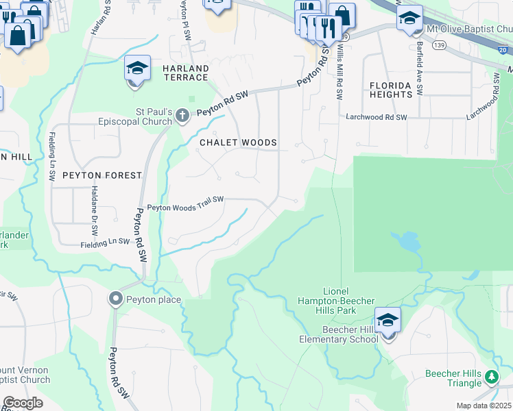map of restaurants, bars, coffee shops, grocery stores, and more near 515 Cativo Drive Southwest in Atlanta