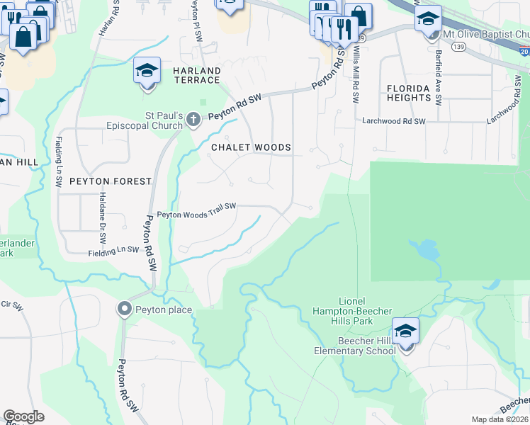 map of restaurants, bars, coffee shops, grocery stores, and more near 515 Cativo Drive Southwest in Atlanta
