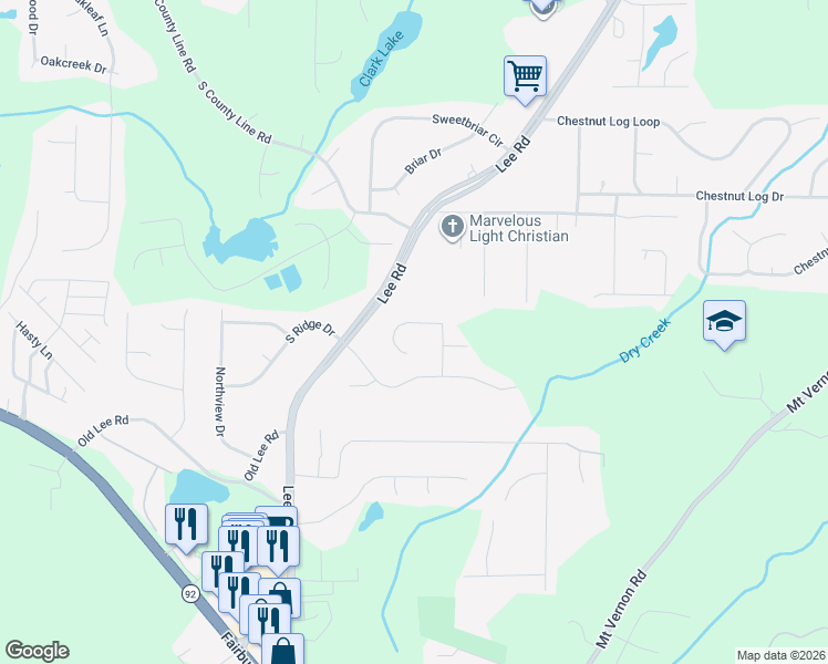map of restaurants, bars, coffee shops, grocery stores, and more near 2175 Alyssa Court in Lithia Springs