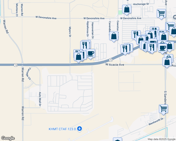map of restaurants, bars, coffee shops, grocery stores, and more near 5001 Florida Avenue in Hemet