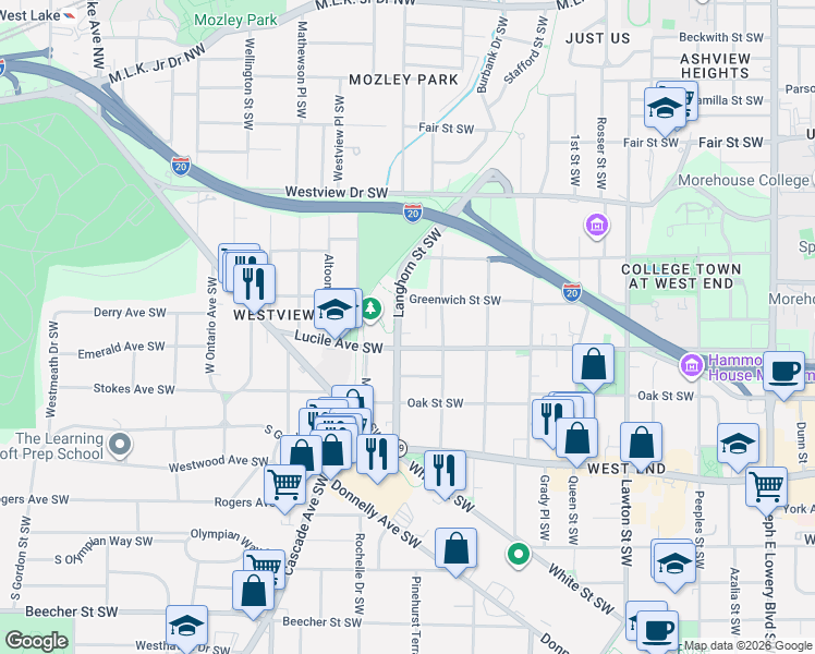 map of restaurants, bars, coffee shops, grocery stores, and more near 446 Langhorn Street Southwest in Atlanta