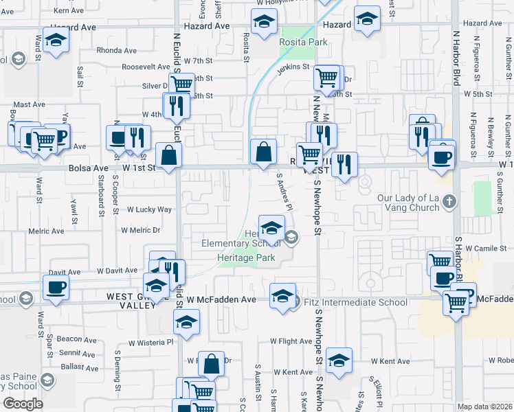 map of restaurants, bars, coffee shops, grocery stores, and more near 4736 West Lucky Way in Santa Ana
