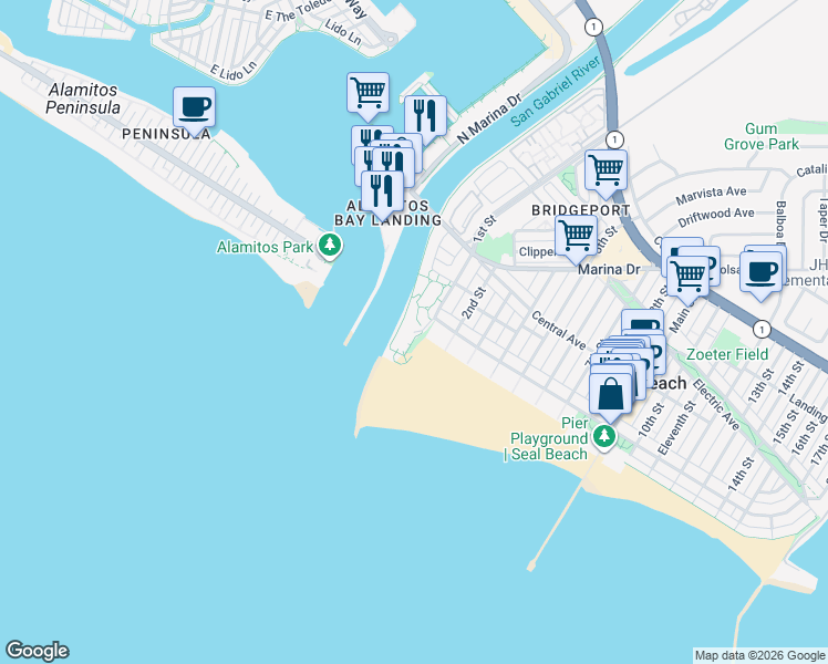 map of restaurants, bars, coffee shops, grocery stores, and more near 2 1st Street in Seal Beach