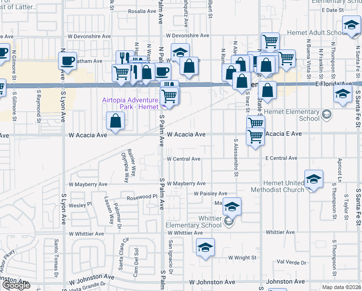 map of restaurants, bars, coffee shops, grocery stores, and more near 736 Marquesa Court in Hemet
