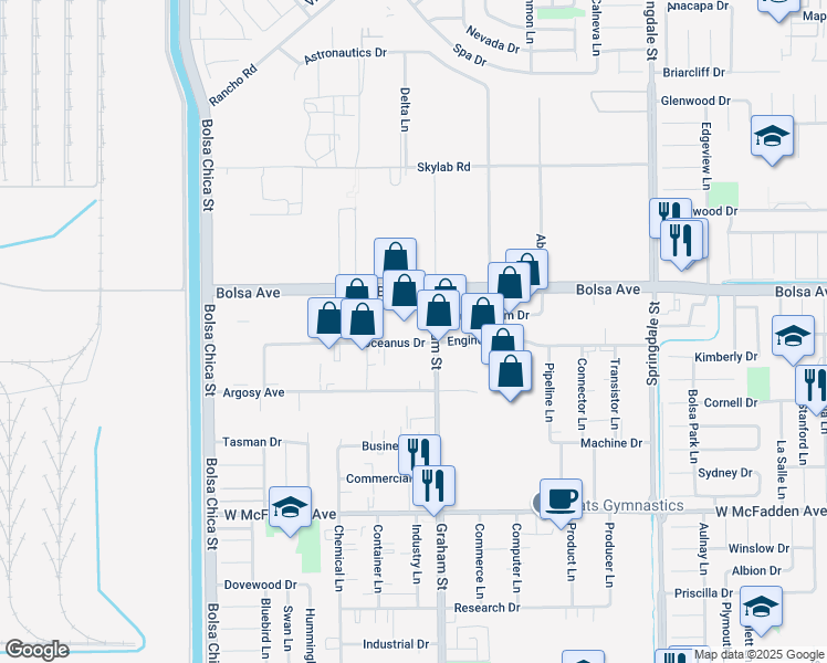 map of restaurants, bars, coffee shops, grocery stores, and more near 5482 Oceanus Drive in Huntington Beach