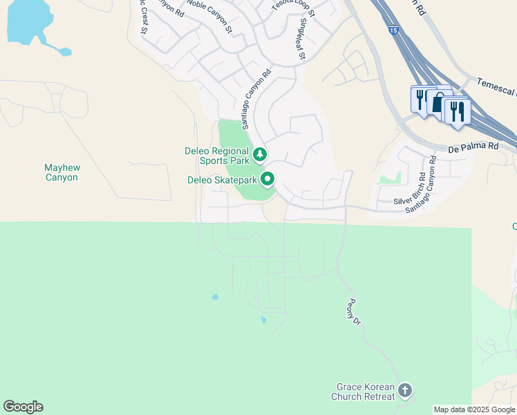 map of restaurants, bars, coffee shops, grocery stores, and more near 26025 Almond Court in Corona