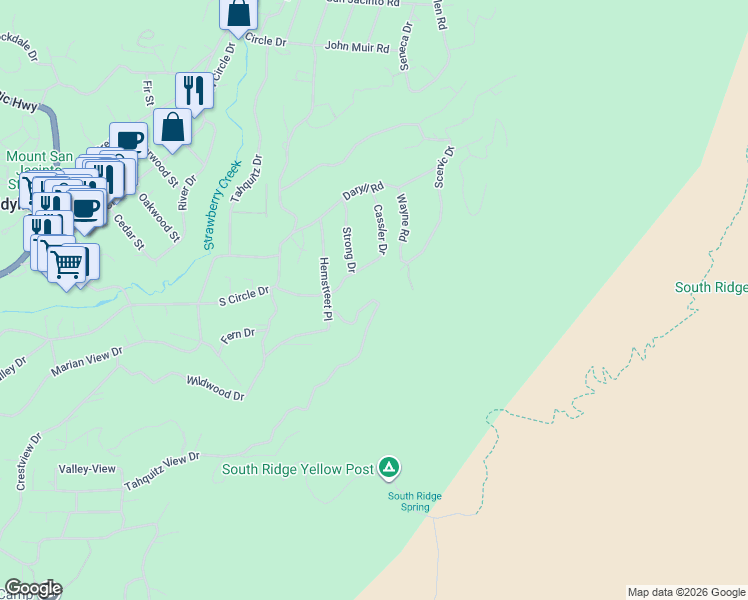 map of restaurants, bars, coffee shops, grocery stores, and more near Tahquitz View Drive in Idyllwild-Pine Cove