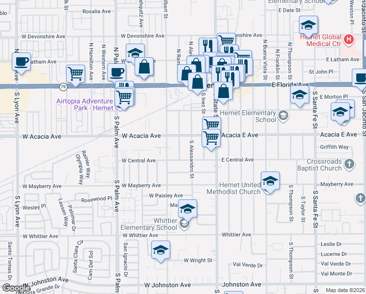 map of restaurants, bars, coffee shops, grocery stores, and more near 332 South Ramona Street in Hemet