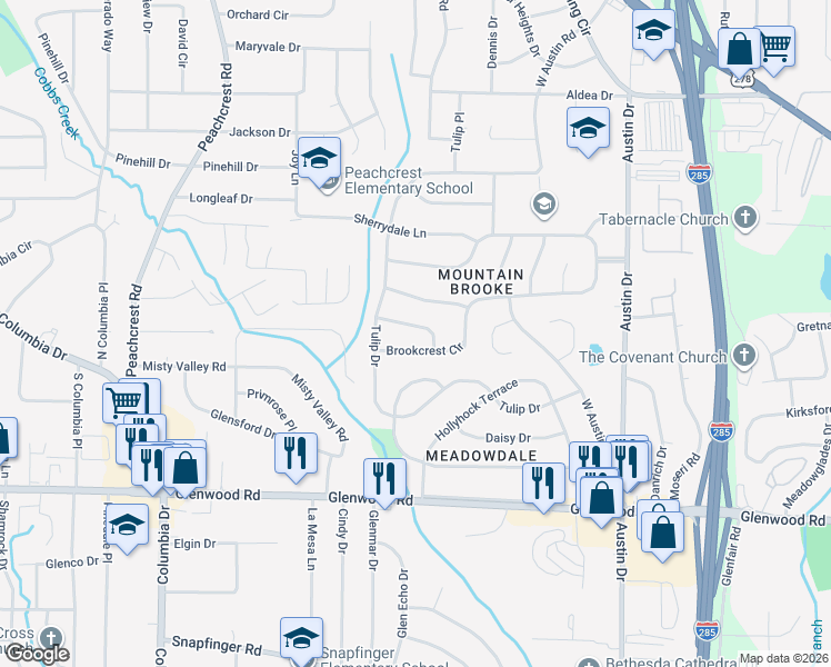 map of restaurants, bars, coffee shops, grocery stores, and more near 3609 Barrington Place in Decatur