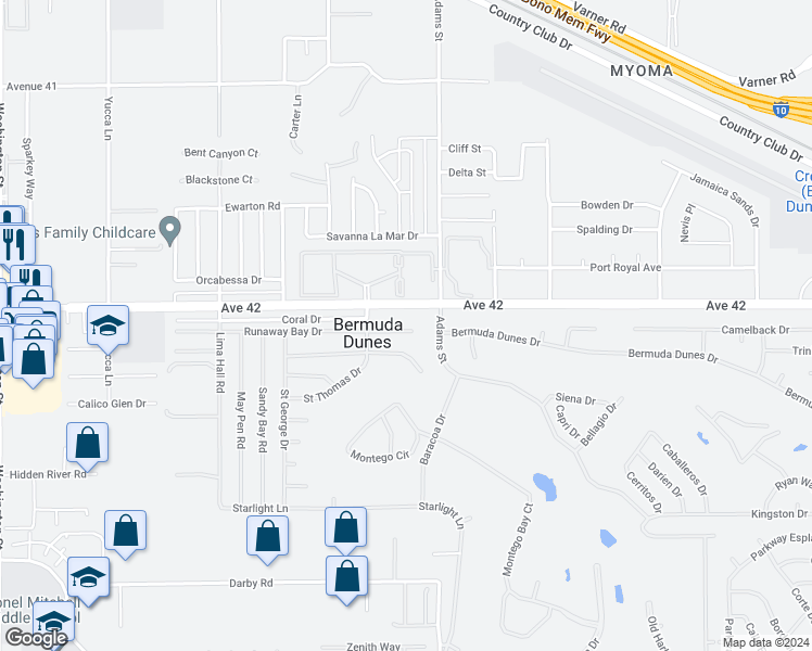 map of restaurants, bars, coffee shops, grocery stores, and more near 78940 Runaway Bay Drive in Bermuda Dunes