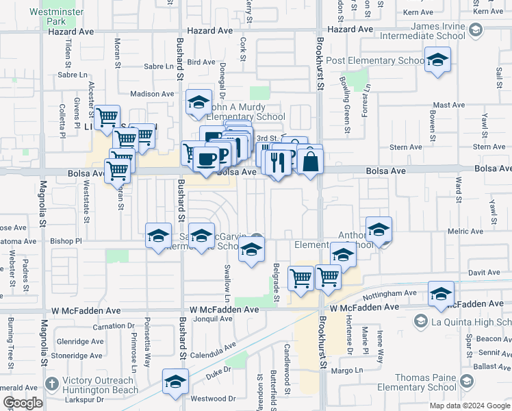 map of restaurants, bars, coffee shops, grocery stores, and more near 9800 Bolsa Avenue in Westminster