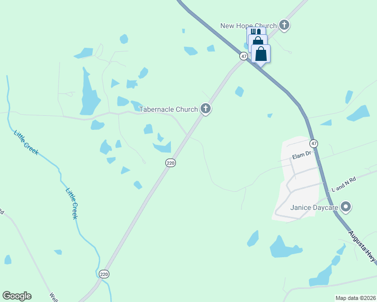 map of restaurants, bars, coffee shops, grocery stores, and more near 6017 Georgia 220 in Lincolnton