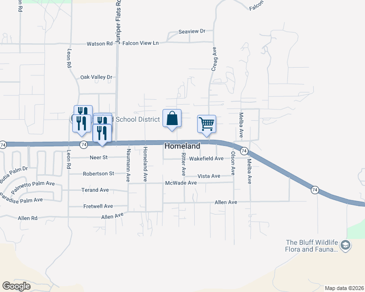 map of restaurants, bars, coffee shops, grocery stores, and more near in Homeland