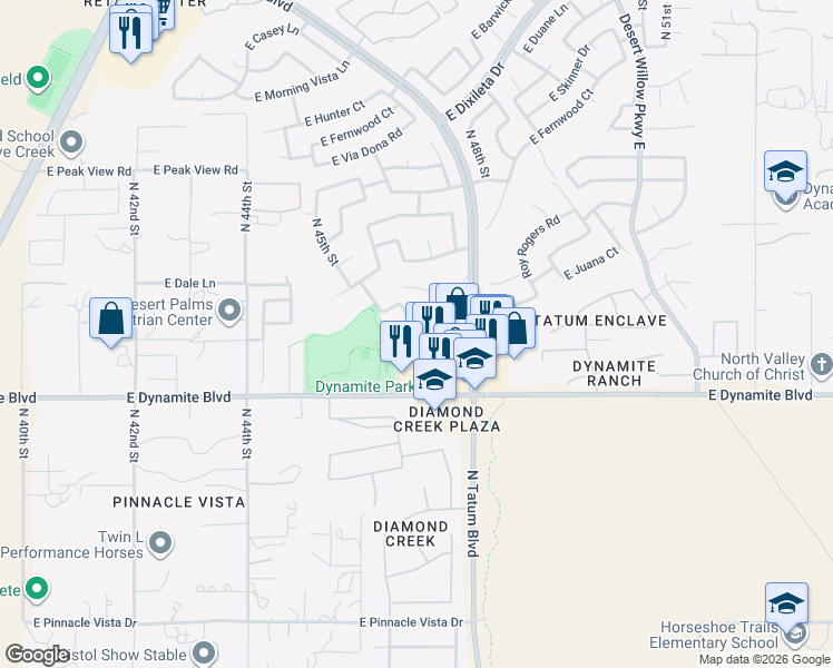 map of restaurants, bars, coffee shops, grocery stores, and more near 4601 East Juana Court in Cave Creek