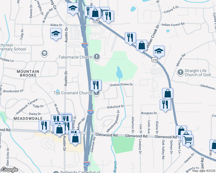 map of restaurants, bars, coffee shops, grocery stores, and more near 1765 Gretna Green Way in Decatur