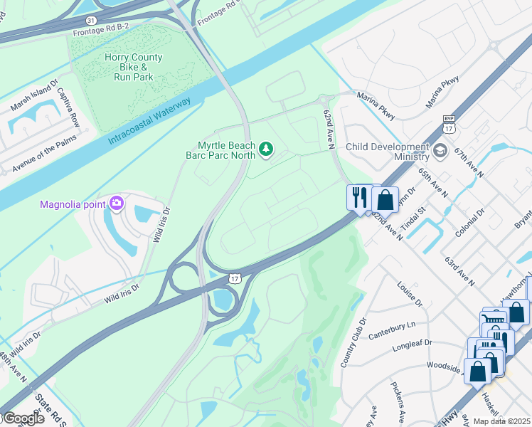 map of restaurants, bars, coffee shops, grocery stores, and more near 43 Frontage Road in Myrtle Beach