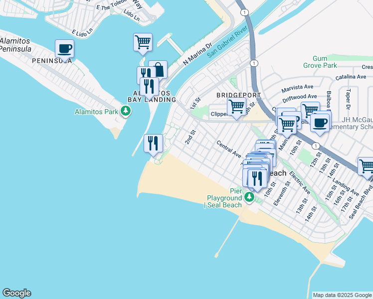map of restaurants, bars, coffee shops, grocery stores, and more near 201 Ocean Avenue in Seal Beach