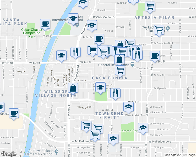 map of restaurants, bars, coffee shops, grocery stores, and more near 214 Earl Lane in Santa Ana