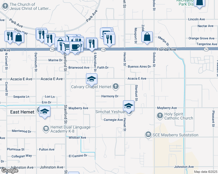 map of restaurants, bars, coffee shops, grocery stores, and more near 42115 Shadow Lane in Hemet