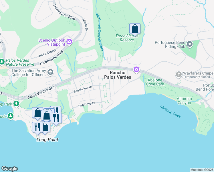 map of restaurants, bars, coffee shops, grocery stores, and more near 32679 Seagate Drive in Rancho Palos Verdes