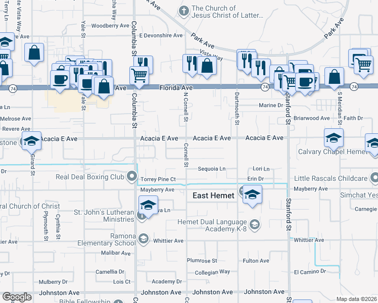 map of restaurants, bars, coffee shops, grocery stores, and more near 41265 Orange Place in Hemet