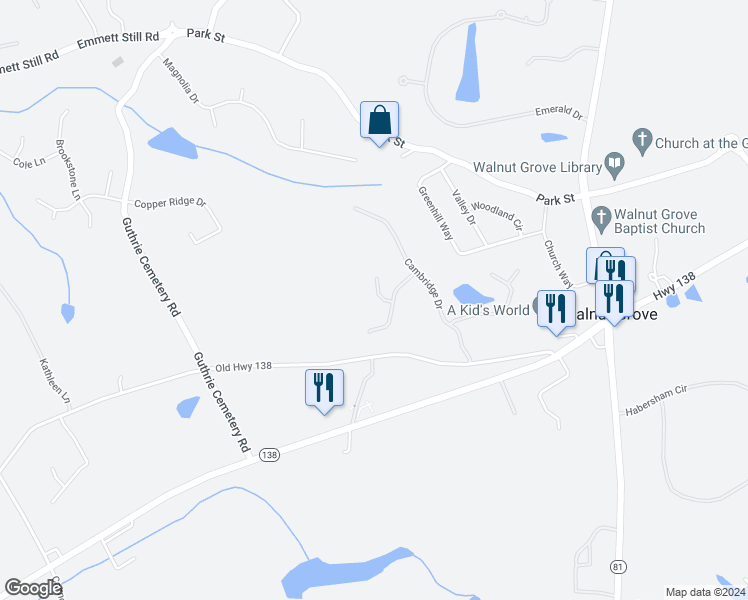 map of restaurants, bars, coffee shops, grocery stores, and more near 603 Cambridge Terrace in Walnut Grove