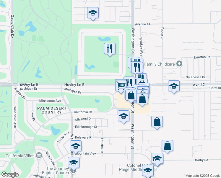 map of restaurants, bars, coffee shops, grocery stores, and more near 77815 Michigan Drive in Palm Desert