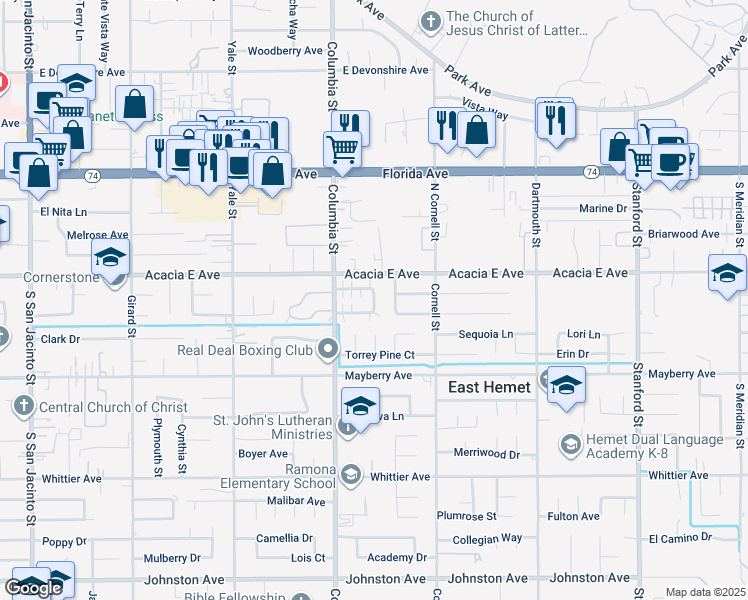 map of restaurants, bars, coffee shops, grocery stores, and more near 41067 Beachwood Avenue in Hemet