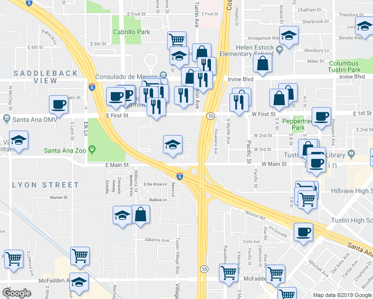 map of restaurants, bars, coffee shops, grocery stores, and more near 16882 Stoneglass in Tustin