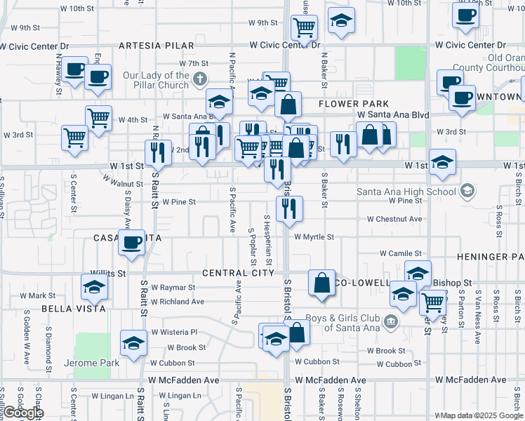map of restaurants, bars, coffee shops, grocery stores, and more near 406 South Hesperian Street in Santa Ana