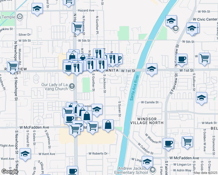map of restaurants, bars, coffee shops, grocery stores, and more near 328 South Laurel Street in Santa Ana