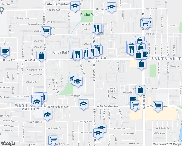 map of restaurants, bars, coffee shops, grocery stores, and more near 317 South Andres Place in Santa Ana