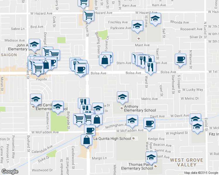 map of restaurants, bars, coffee shops, grocery stores, and more near 15171 Leeds Circle in Westminster