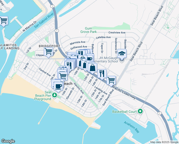 map of restaurants, bars, coffee shops, grocery stores, and more near 1244 California 1 in Seal Beach